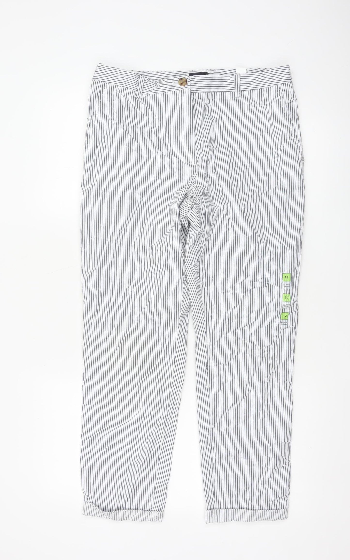 Marks and Spencer Women White Stripe Size 12 Straight Cotton Trousers