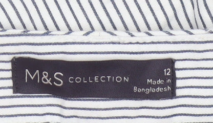Marks and Spencer Women White Stripe Size 12 Straight Cotton Trousers