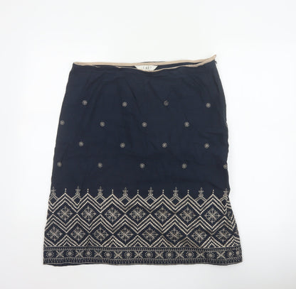 East Women Blue UK 14 Embroidered Geometric Knee Length Pencil Skirt