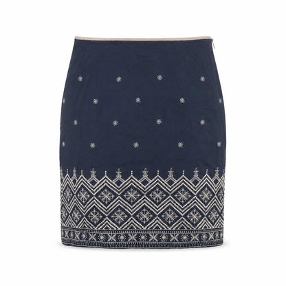 East Women Blue UK 14 Embroidered Geometric Knee Length Pencil Skirt