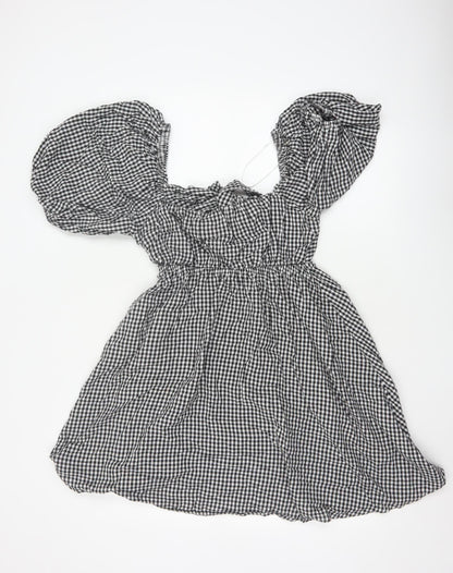 Paper Heart Women Black White Gingham M Fit & Flare Puff Sleeve Dress