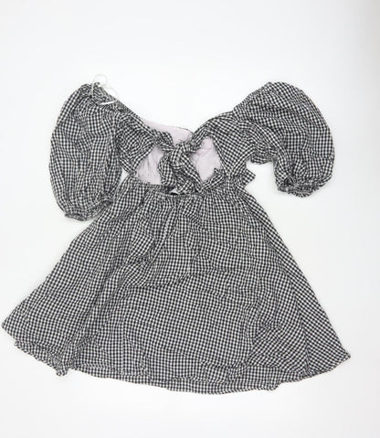 Paper Heart Women Black White Gingham M Fit & Flare Puff Sleeve Dress