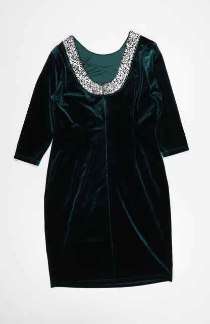 Sosandar Women Green Velvet Beaded Scoop Neck Sheath Dress UK 12