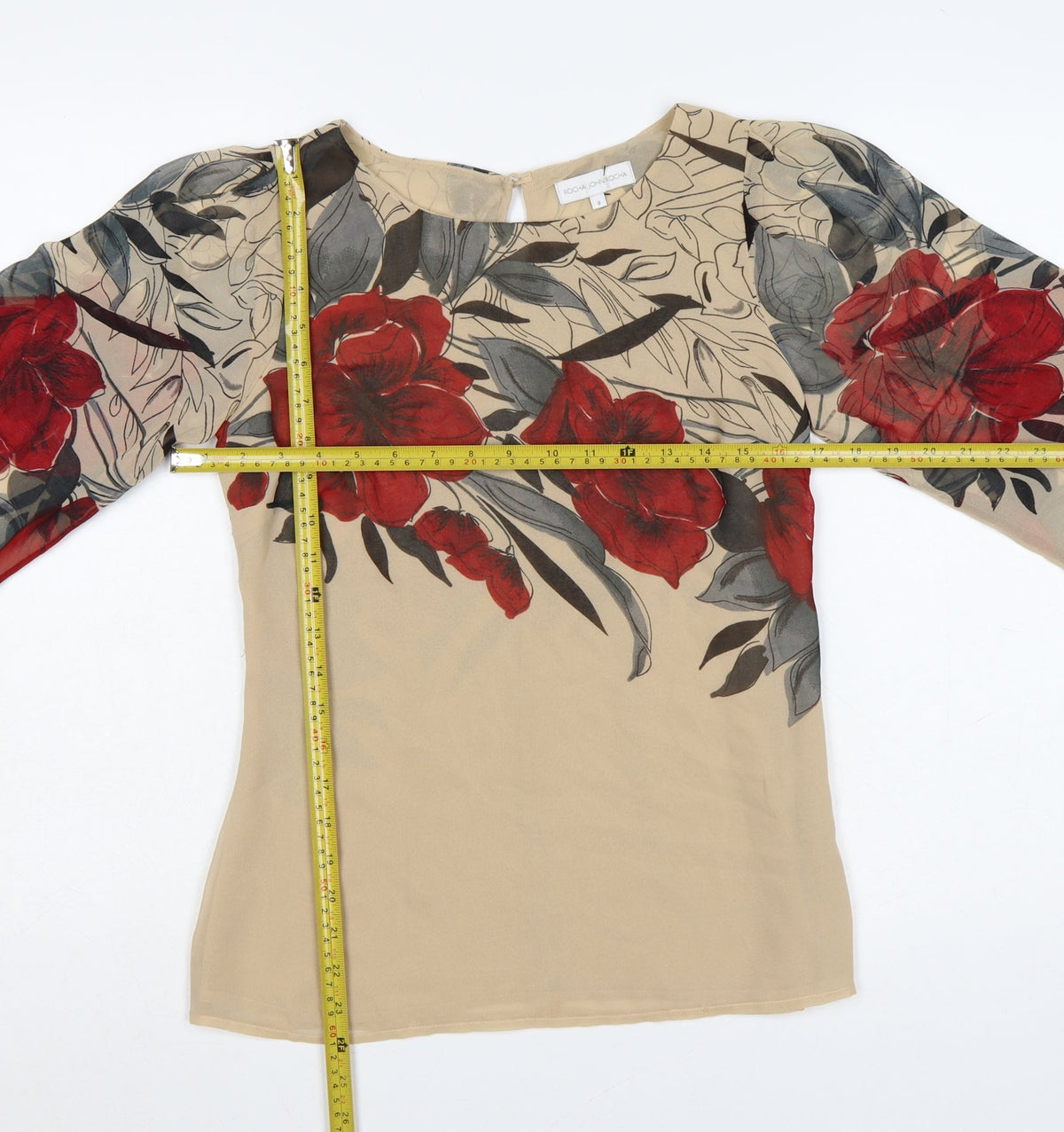 Rocha John Rocha Women Beige Floral Chiffon Balloon Sleeve Blouse UK 8