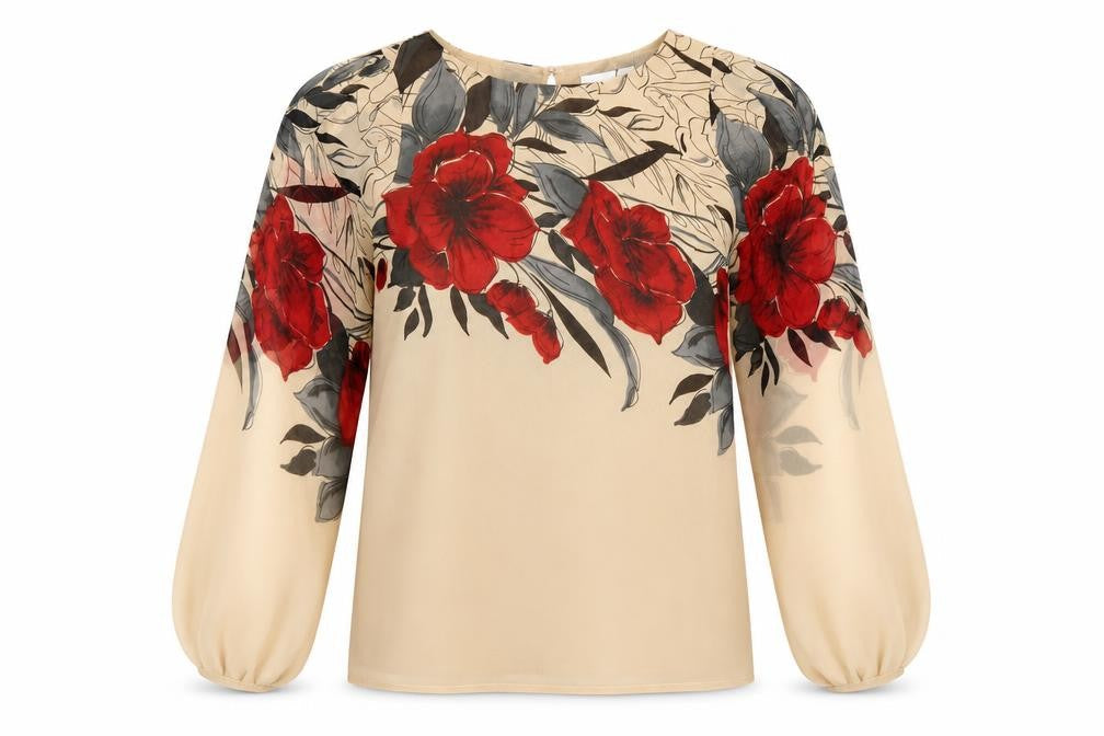 Rocha John Rocha Women Beige Floral Chiffon Balloon Sleeve Blouse UK 8