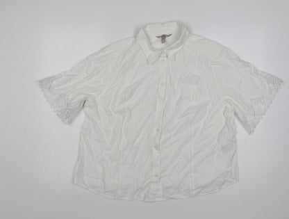 H&M Women Ivory UK 16 Linen Blend Lace Flutter Sleeve Button-Up Blouse