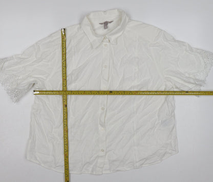 H&M Women Ivory UK 16 Linen Blend Lace Flutter Sleeve Button-Up Blouse