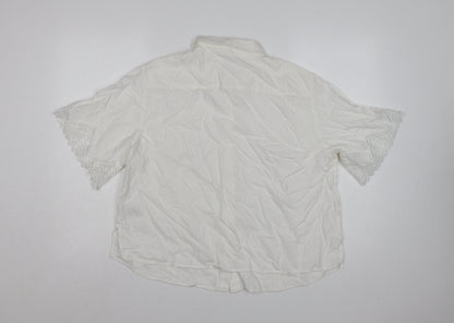 H&M Women Ivory UK 16 Linen Blend Lace Flutter Sleeve Button-Up Blouse