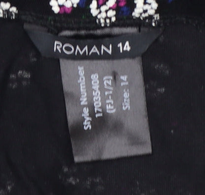 Roman Women Black Floral A-Line Midi Skirt UK 14 Stretch Jersey
