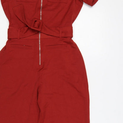 Bershka Women Red UK 8 Collared Belted Wide-Leg Zip Jumpsuit