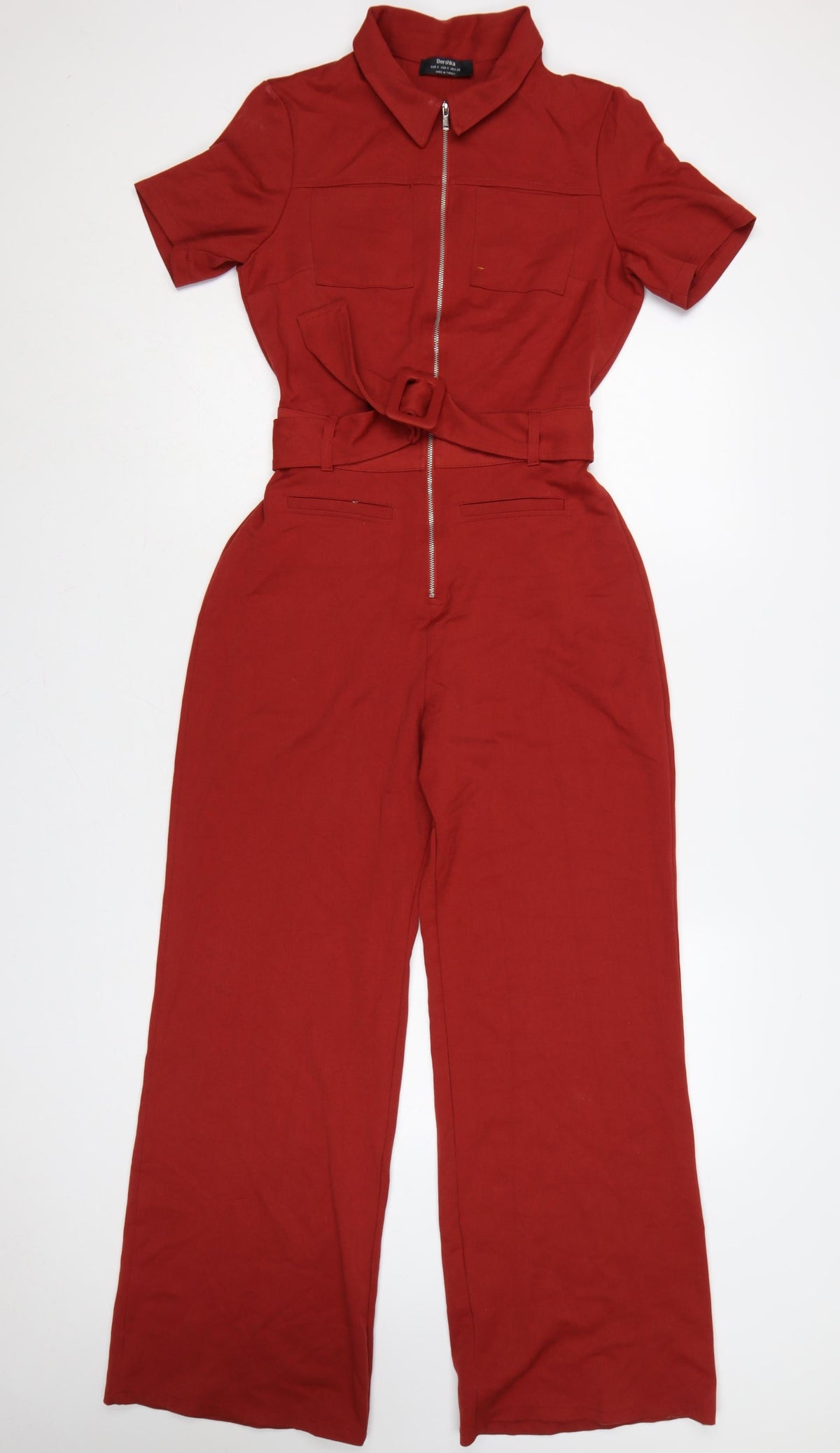 Bershka Women Red UK 8 Collared Belted Wide-Leg Zip Jumpsuit