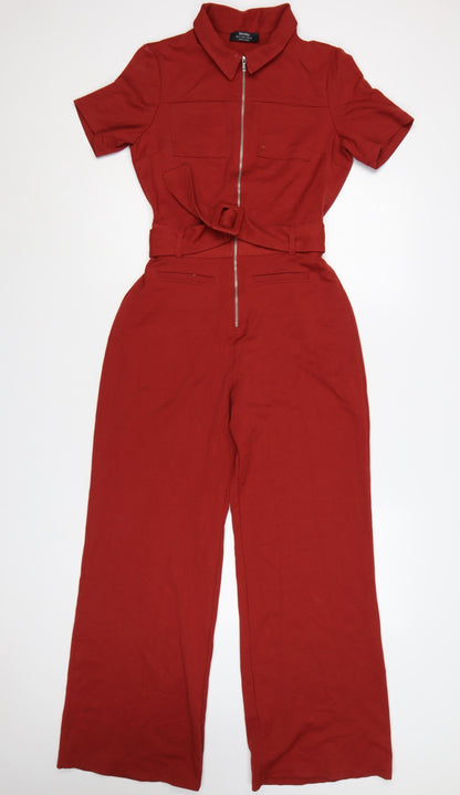Bershka Women Red UK 8 Collared Belted Wide-Leg Zip Jumpsuit