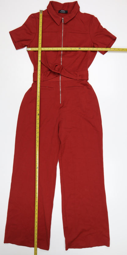 Bershka Women Red UK 8 Collared Belted Wide-Leg Zip Jumpsuit