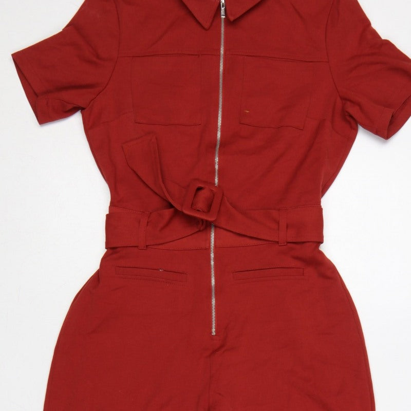 Bershka Women Red UK 8 Collared Belted Wide-Leg Zip Jumpsuit