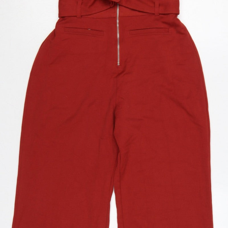 Bershka Women Red UK 8 Collared Belted Wide-Leg Zip Jumpsuit