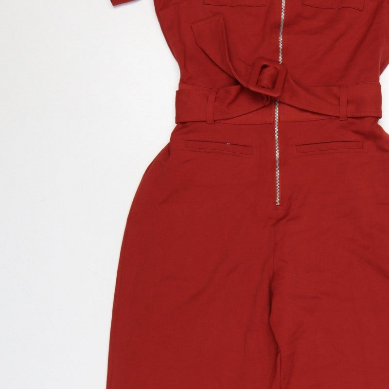 Bershka Women Red UK 8 Collared Belted Wide-Leg Zip Jumpsuit