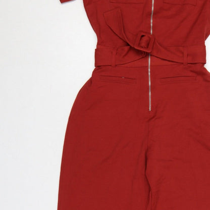 Bershka Women Red UK 8 Collared Belted Wide-Leg Zip Jumpsuit
