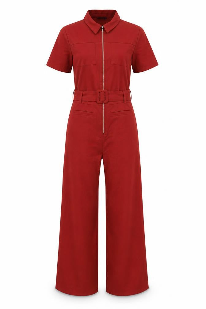 Bershka Women Red UK 8 Collared Belted Wide-Leg Zip Jumpsuit