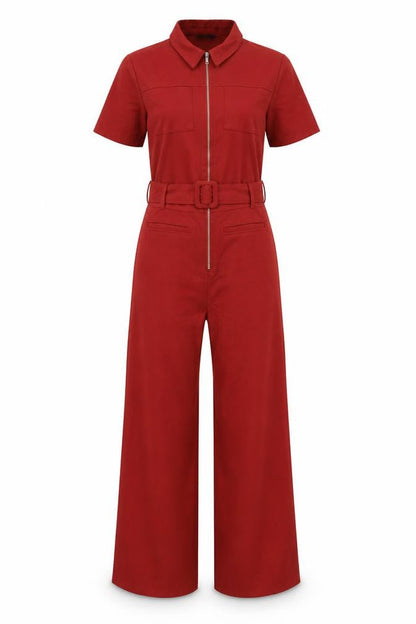 Bershka Women Red UK 8 Collared Belted Wide-Leg Zip Jumpsuit