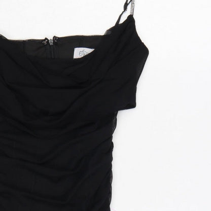 Oh Polly Women Black UK 10 Ruched Rhinestone Strap Bodycon Mini Dress