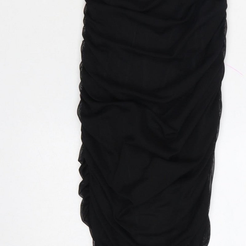 Oh Polly Women Black UK 10 Ruched Rhinestone Strap Bodycon Mini Dress