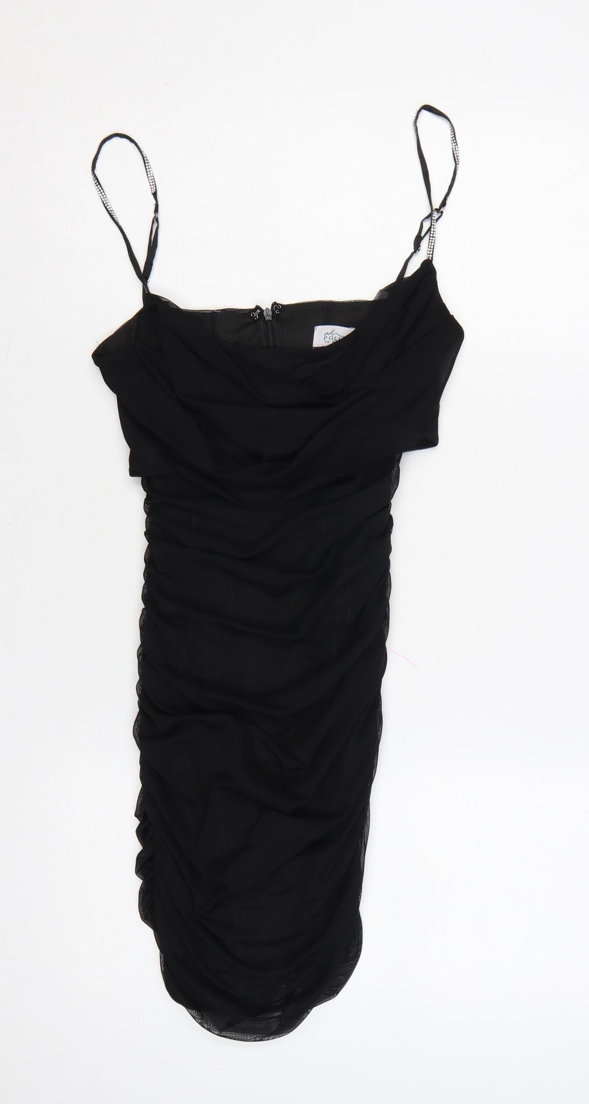 Oh Polly Women Black UK 10 Ruched Rhinestone Strap Bodycon Mini Dress