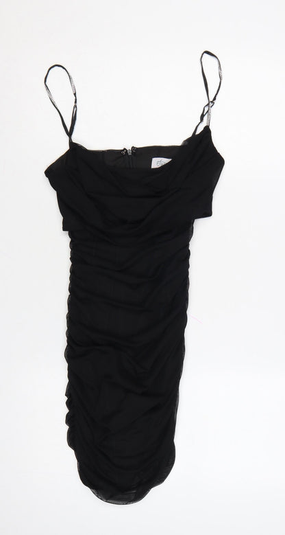 Oh Polly Women Black UK 10 Ruched Rhinestone Strap Bodycon Mini Dress