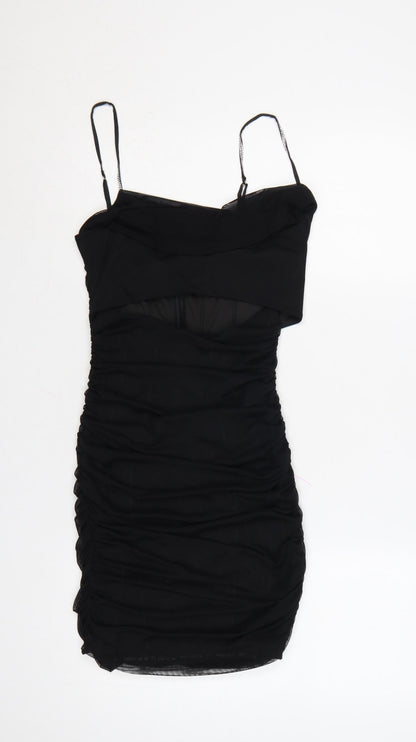 Oh Polly Women Black UK 10 Ruched Rhinestone Strap Bodycon Mini Dress