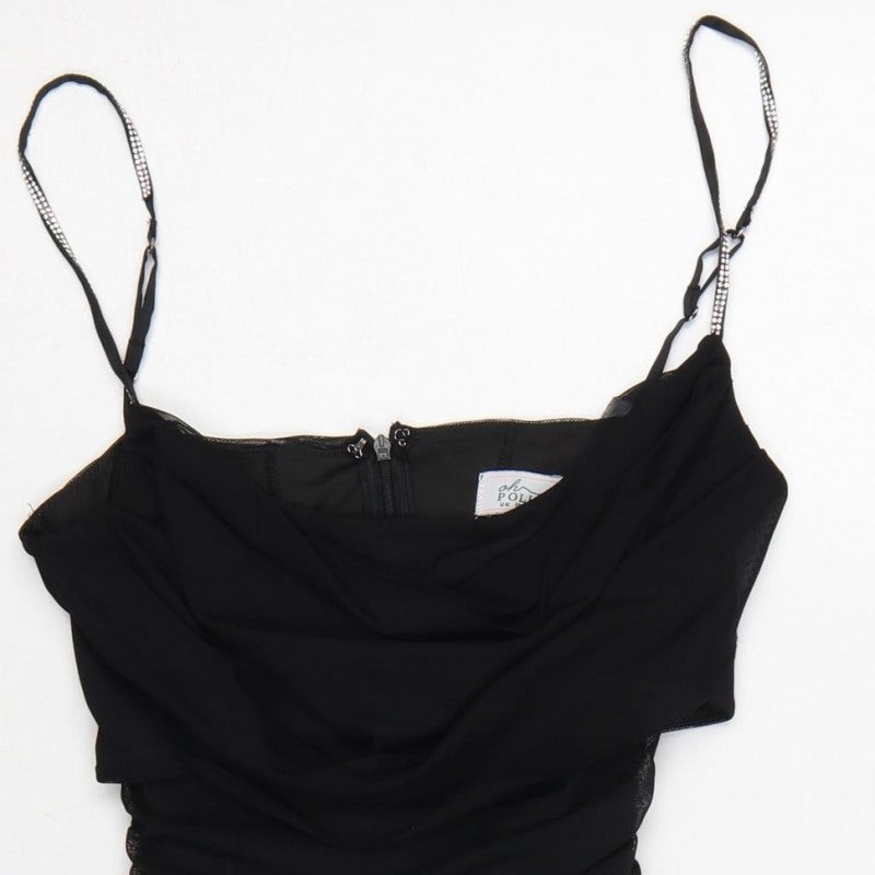 Oh Polly Women Black UK 10 Ruched Rhinestone Strap Bodycon Mini Dress