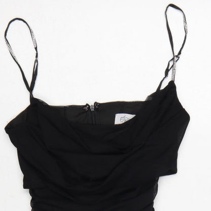 Oh Polly Women Black UK 10 Ruched Rhinestone Strap Bodycon Mini Dress