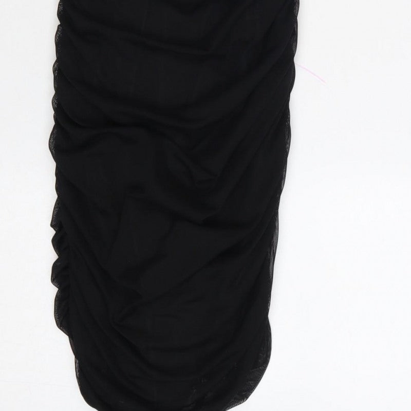 Oh Polly Women Black UK 10 Ruched Rhinestone Strap Bodycon Mini Dress