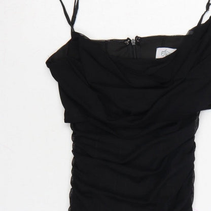 Oh Polly Women Black UK 10 Ruched Rhinestone Strap Bodycon Mini Dress