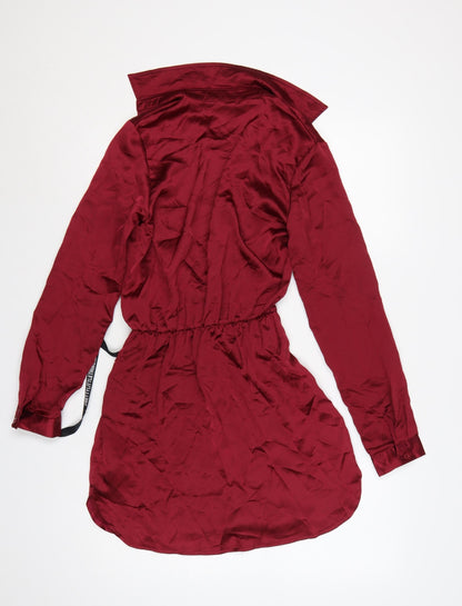 PrettyLittleThing Women Red UK 8 Satin Tie Waist Shirt Dress