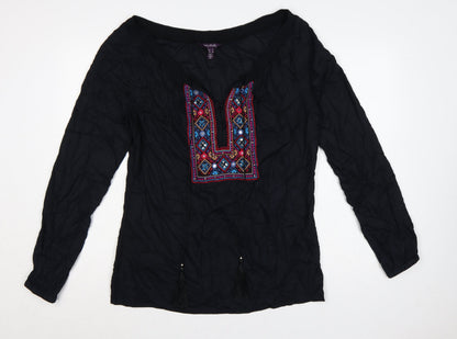 Long Tall Sally Women Black UK 12 Embroidered Aztec Tassel Tunic Blouse
