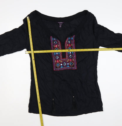 Long Tall Sally Women Black UK 12 Embroidered Aztec Tassel Tunic Blouse