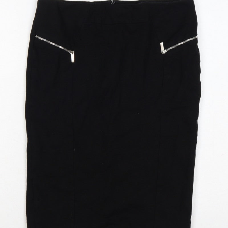 Karen Millen Women Black UK 14 Pencil Knee Skirt Zip Detail