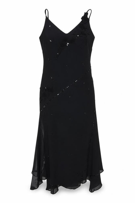 Next Women Black UK 12 Hi-Low Chiffon Sequin Fit & Flare Dress