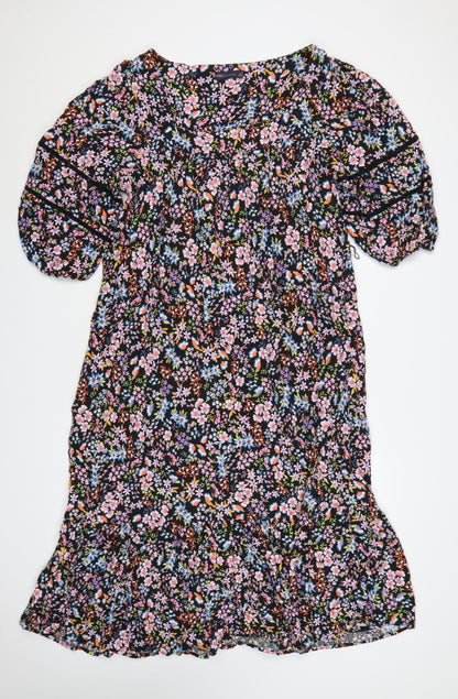 M&S Women Black Floral Fit & Flare Long Dress UK 20 Balloon Sleeve