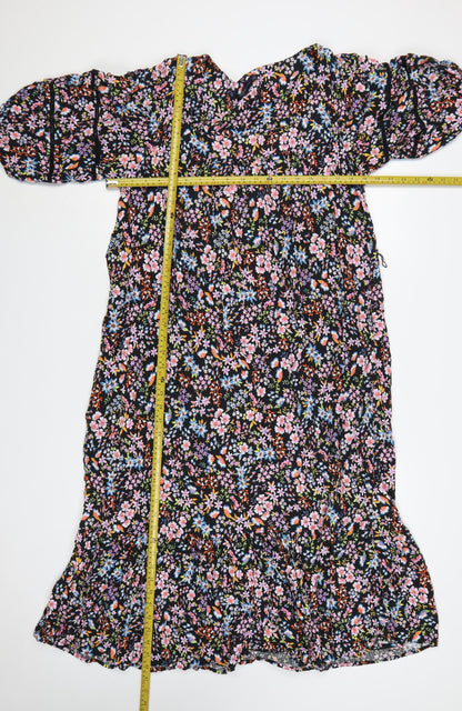 M&S Women Black Floral Fit & Flare Long Dress UK 20 Balloon Sleeve