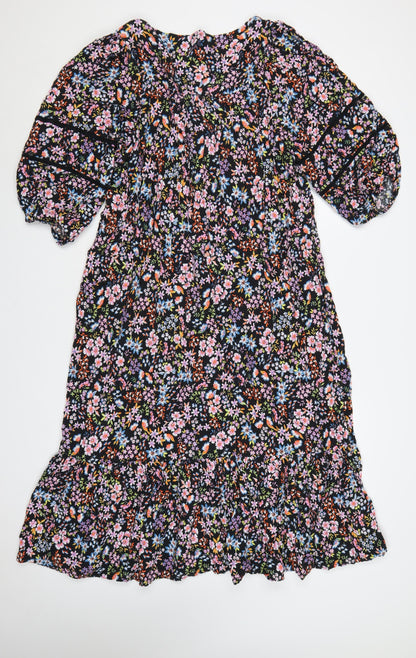 M&S Women Black Floral Fit & Flare Long Dress UK 20 Balloon Sleeve