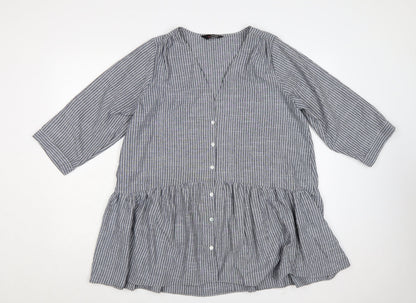 Yours Women Grey White Striped Cotton Tunic Blouse Size 16 3/4 Sleeve