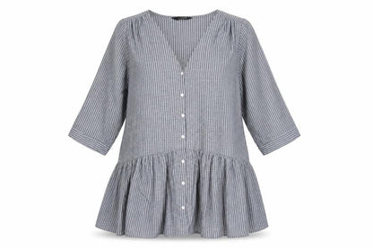Yours Women Grey White Striped Cotton Tunic Blouse Size 16 3/4 Sleeve