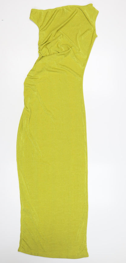 PrettyLittleThing Women Yellow UK 10 One Shoulder Ruched Maxi Bodycon Dress