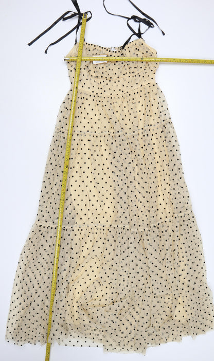 Vestique Women Beige Black Polka Dot M Maxi Tiered Mesh Dress