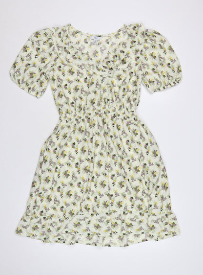 Next Women Green Floral UK 12 Fit & Flare Knee Length Smocked Dress