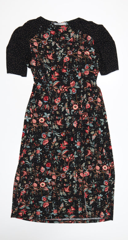 Oasis Women Black Floral Midi Fit & Flare Dress UK 14 L Stretch