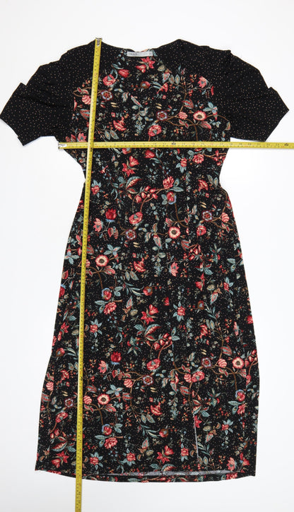 Oasis Women Black Floral Midi Fit & Flare Dress UK 14 L Stretch