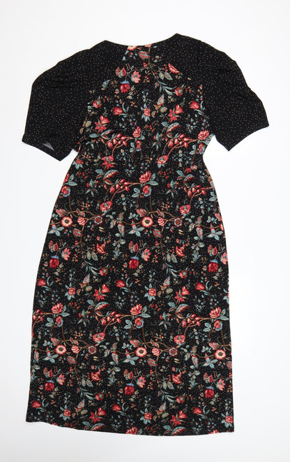 Oasis Women Black Floral Midi Fit & Flare Dress UK 14 L Stretch