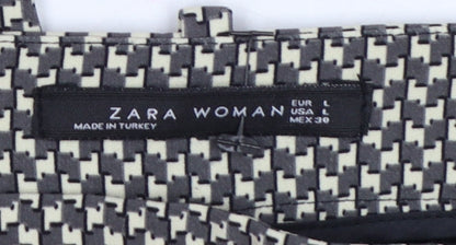 Zara Women Black Ivory Geometric Tapered Dress Trousers UK 12