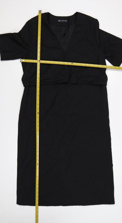 Zara Women Black XL Wool Blend V-Neck Half Sleeve Long Sheath Dress